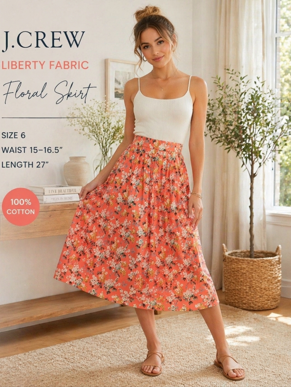 J.Crew Liberty Fabric Floral Skirt Size 6 Coral Spring Midi Skirt